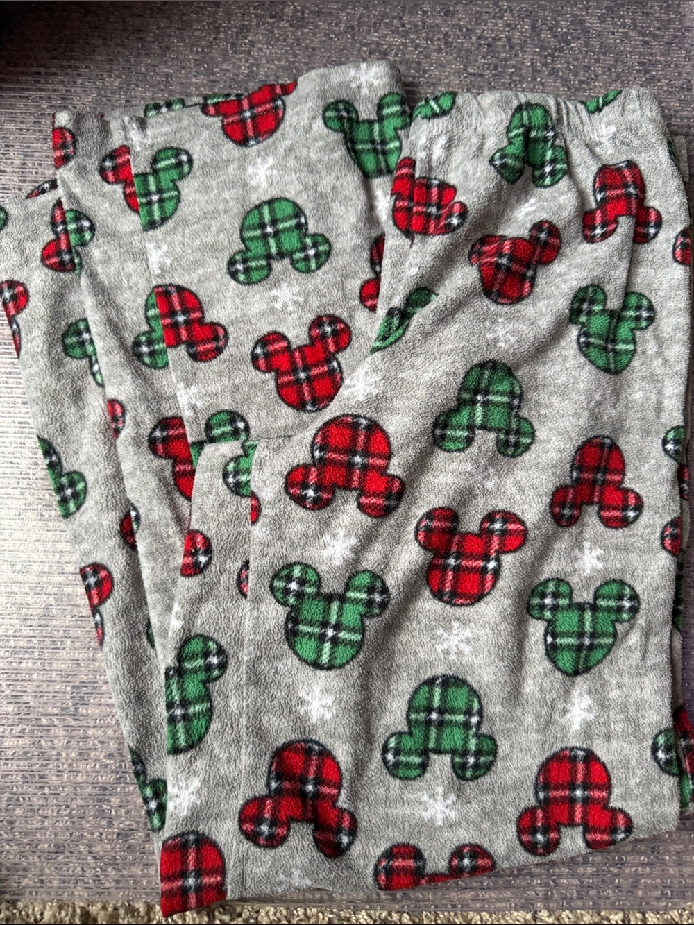 Women’s Grey Fleece Pajama Pants with Red & Green Plaid Mickey Print